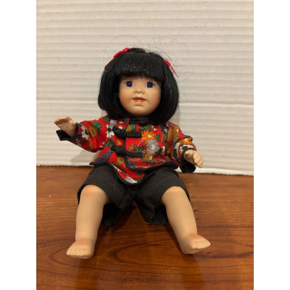 Adora Asian Baby Doll Red Floral Chinese Jacket Black Hair 7 Inch Collectible